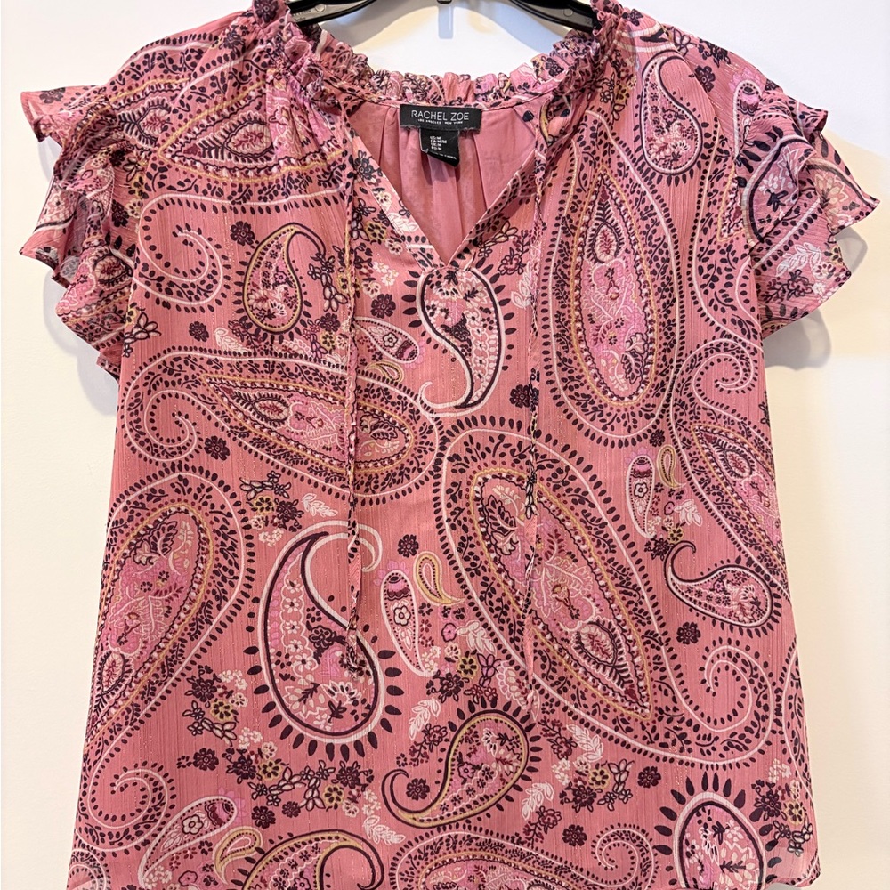 Rachel Zoe Pink Paisley Ruffle Sleeve Top